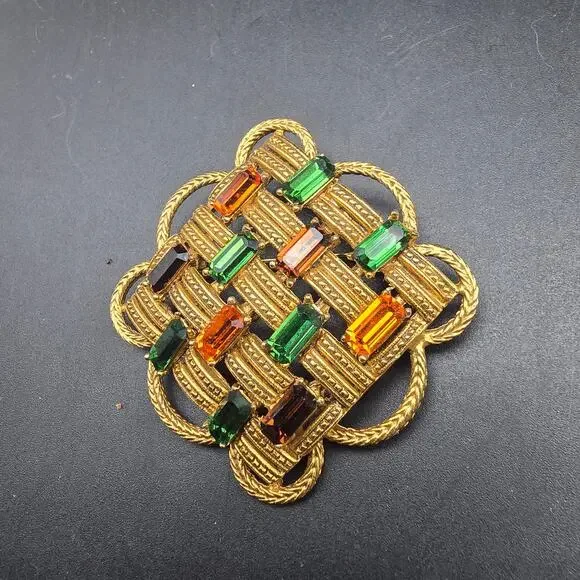 Florenza Fall Color Rhinestone Brooch Basket Weave Gold Tone Vintage Jewelry - Picture 3 of 10